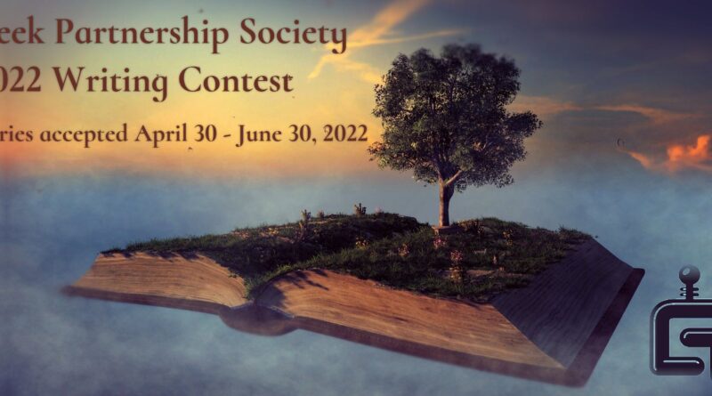 Geek Partnership Society Writing Contest - April 30 through June 30. Image shows a floating book with a tree on it