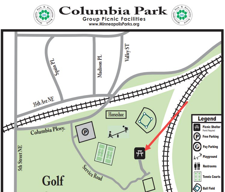 A map of Columbia Park with an arrow showing the location of the picnic pavillion